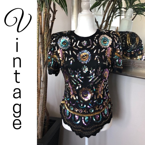 Vintage Tops - Vintage 80s Laurence Kazar Sequins Beaded Shirt S